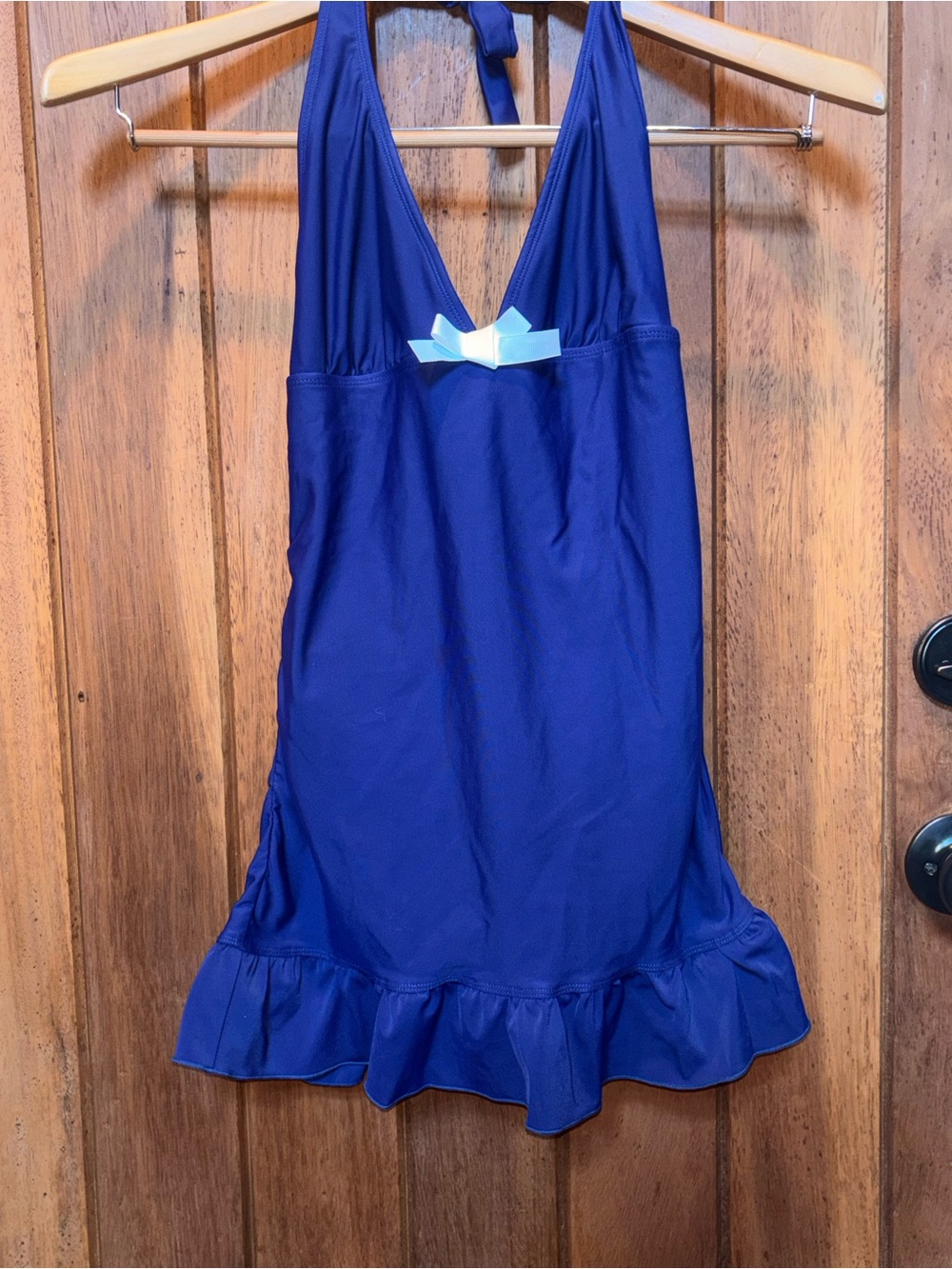 VENUS Navy Blue Halter Swim Dress with Bow and Flounced Hem